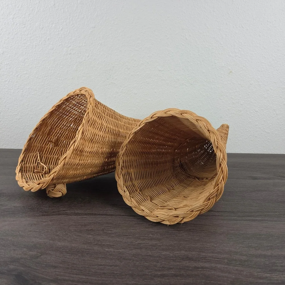 Vintage Wicker Cornucopia Basket 2pc Set Tan Thanksgiving Fall Decor Rustic